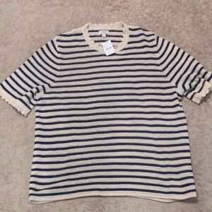 J. Crew Cream and Navy Striped Crochet Sweater